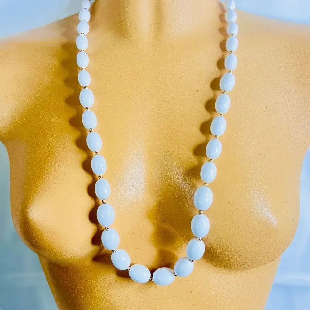 Vintage Monet Necklace White Gold Beaded Beads Strand  28” Gold Clasp 4507